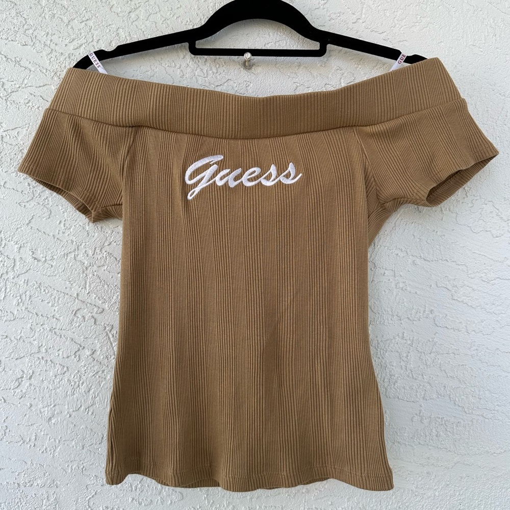 Guess Y2K Off The Shoulder Embroidered Ribbed Medium Tan Top